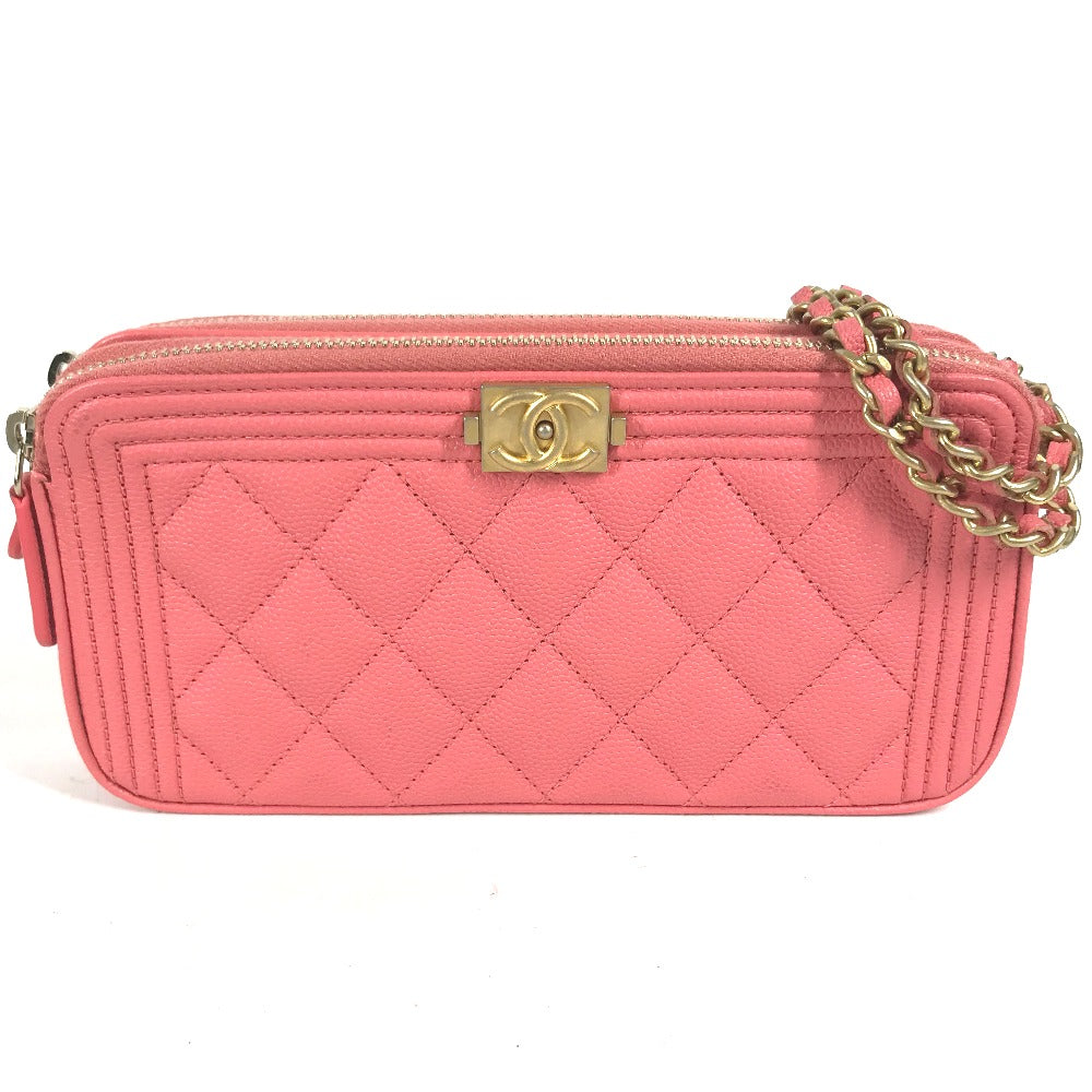 CHANEL A84069 CC Coco Mark Boy Chanel Coco Mark Shoulder Bag, Crossbody Long Wallet, Caviar Leather, Women's, Pink with Gold Hardware