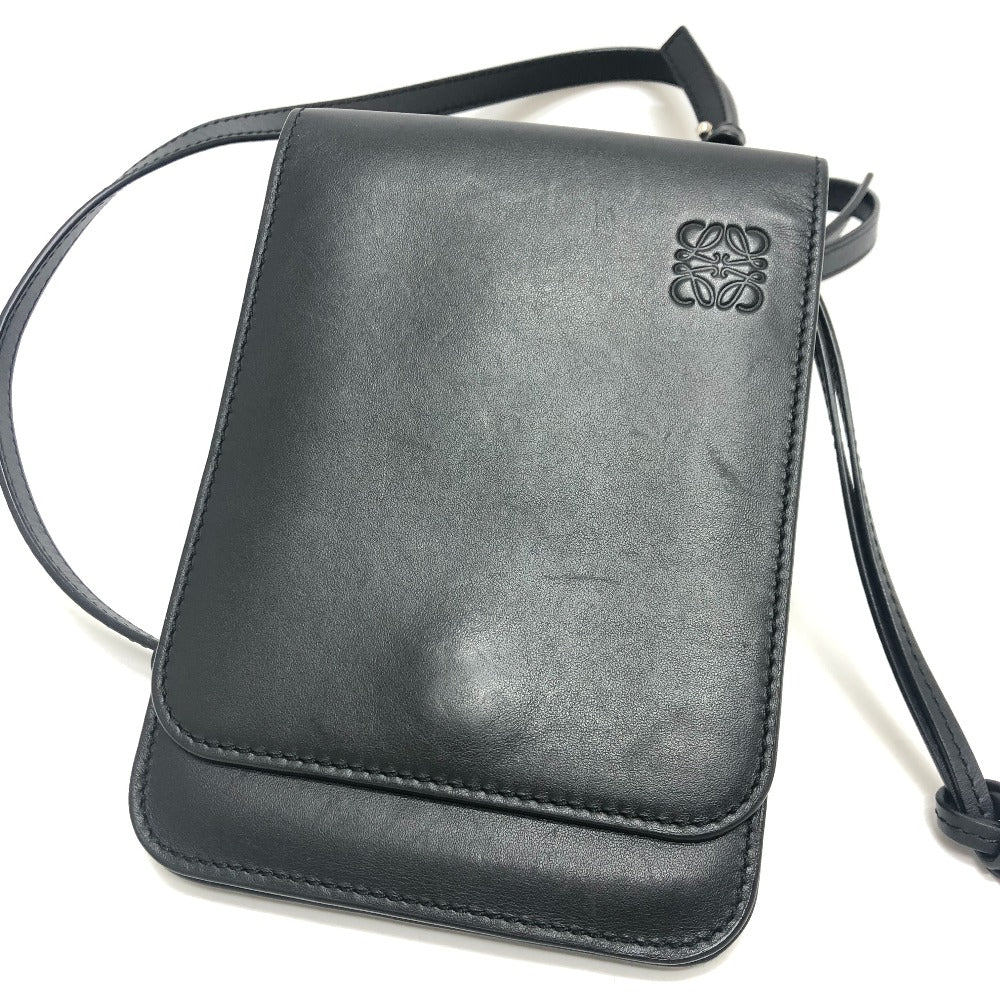 LOEWE ロゴ ガゼットフラット クロスボディ ポシェット ショルダーバッグ レザー レディース ブラック