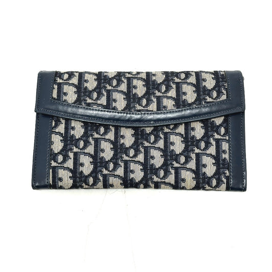 Dior Trotter Jacquard Vintage Flap Long Wallet with Clasp Closure, Navy Blue