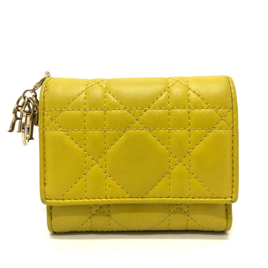 Dior Lady Dior Cannage Lotus Wallet, compact wallet, tri-fold wallet, leather, women's, yellow, gold hardware