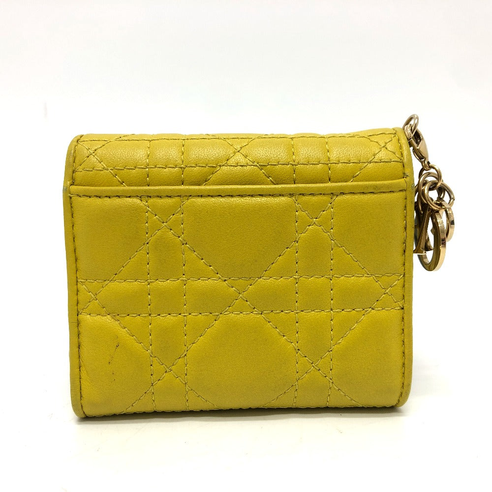 Dior レディディオール カナージュ ロータスウォレット コンパクトウォレット 財布 ウォレット 3つ折り財布 レザー レディース イエロー ゴールド金具