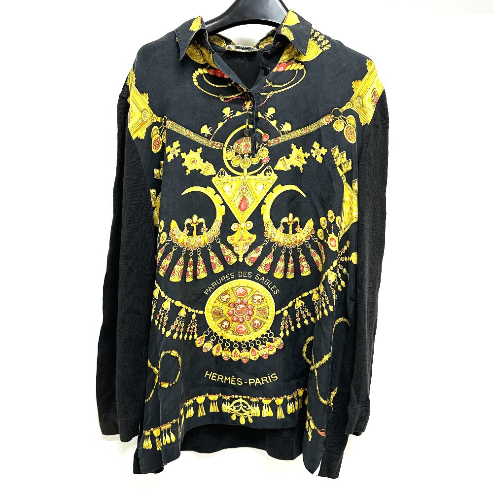 HERMES Vintage Twill Reine Apparel Long Sleeve Shirt, Silk, Women's, Black and Gold