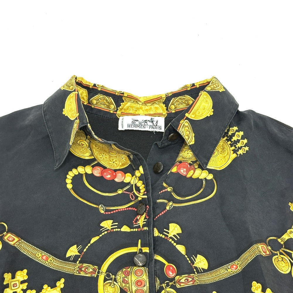 HERMES Vintage Twill Reine Apparel Long Sleeve Shirt, Silk, Women's, Black and Gold