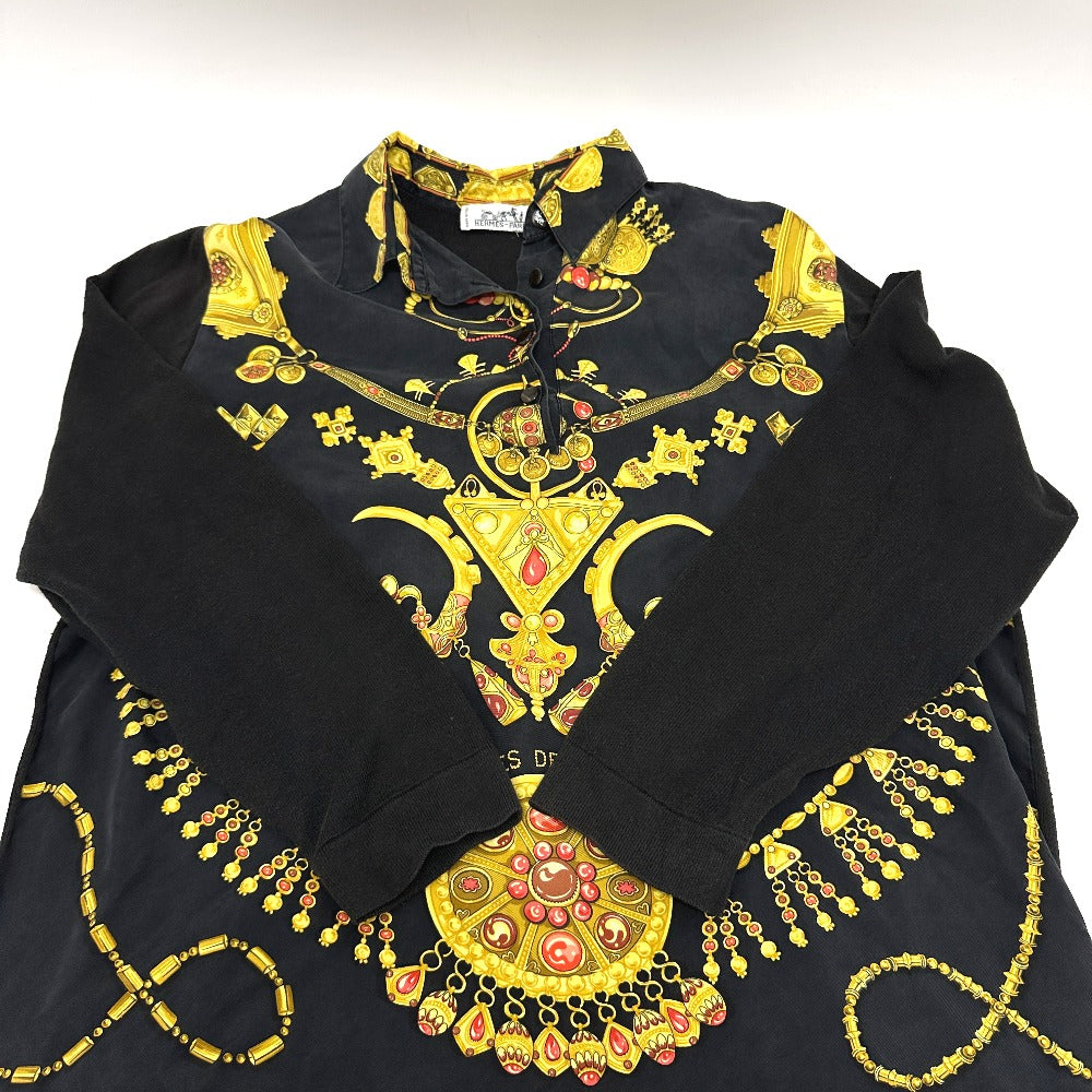 HERMES Vintage Twill Reine Apparel Long Sleeve Shirt, Silk, Women's, Black and Gold
