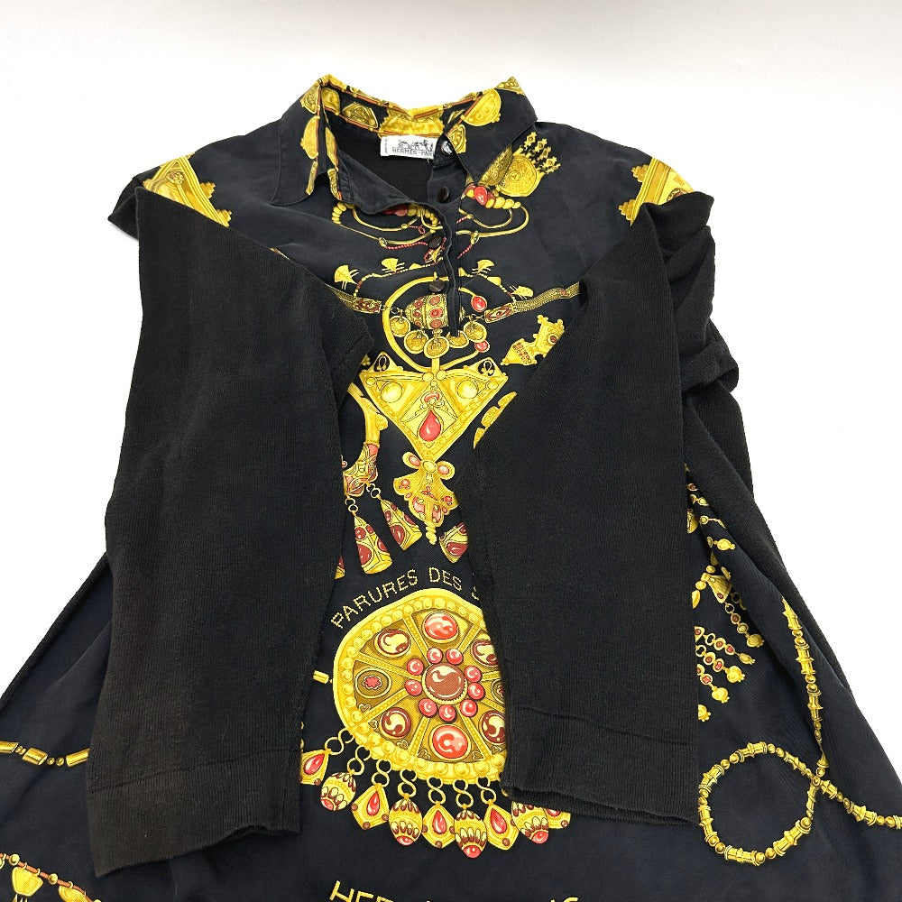 HERMES Vintage Twill Reine Apparel Long Sleeve Shirt, Silk, Women's, Black and Gold