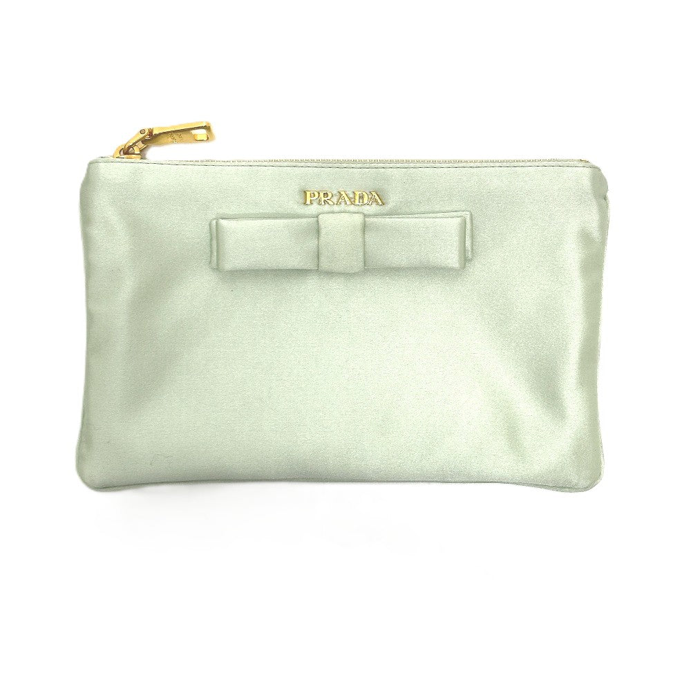 PRADA 1M1214 ロゴ リボン フラット クラッチバッグ メイクポーチ マルチポーチ 化粧ポーチ ポーチ サテン レディース ACQUA グリーン系