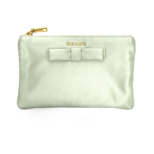 PRADA 1M1214 ロゴ リボン フラット クラッチバッグ メイクポーチ マルチポーチ 化粧ポーチ ポーチ サテン レディース ACQUA グリーン系