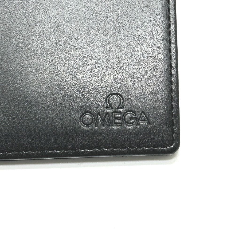 OMEGA ロゴ がま口 短財布 コンパクトウォレット ミニウォレット 2つ折り財布 レザー メンズ ブラック