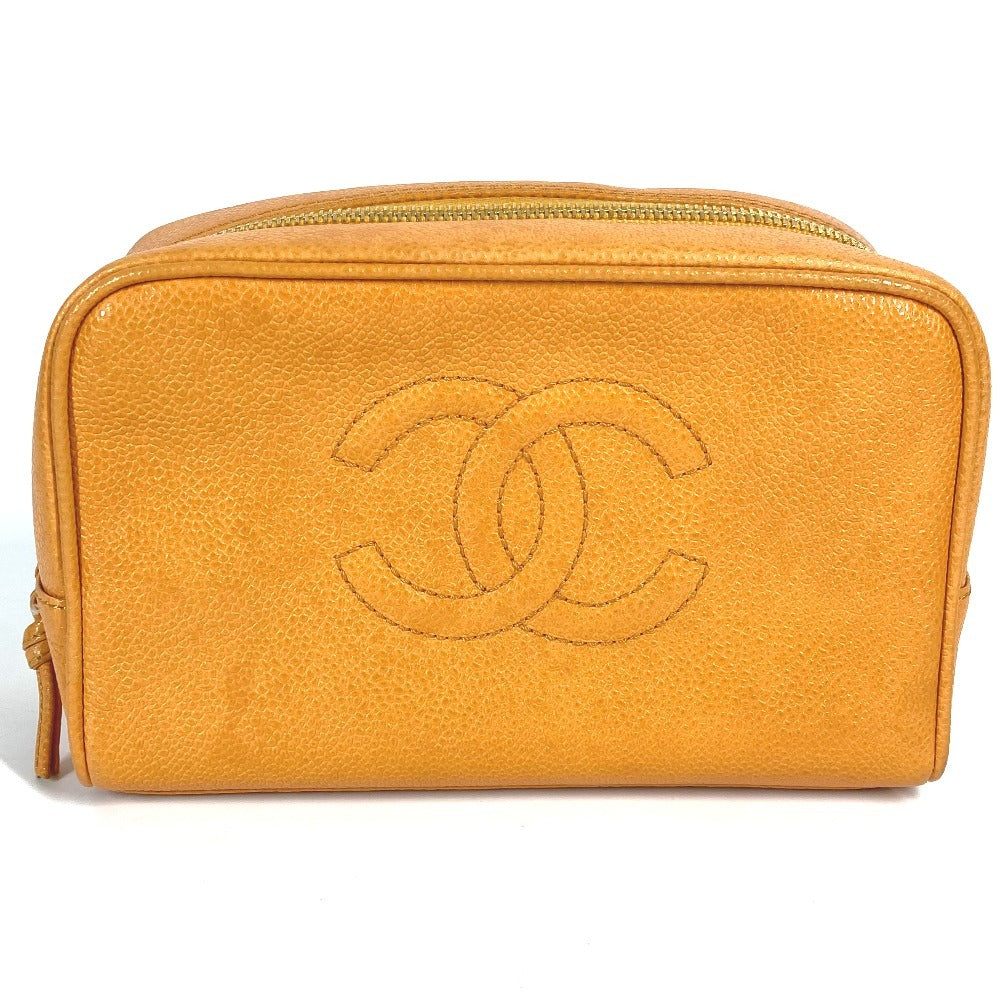 CHANEL ヴィンテージ CC ココマーク ロゴ セカンドバッグ カバン ポーチ キャビアスキン レディース イエロー系