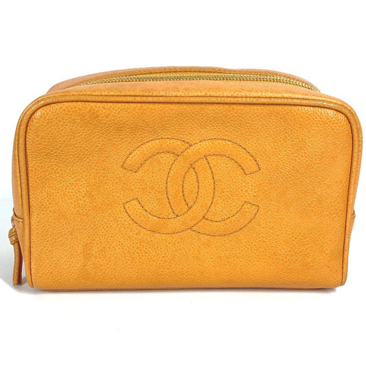 CHANEL ヴィンテージ CC ココマーク ロゴ セカンドバッグ カバン ポーチ キャビアスキン レディース イエロー系