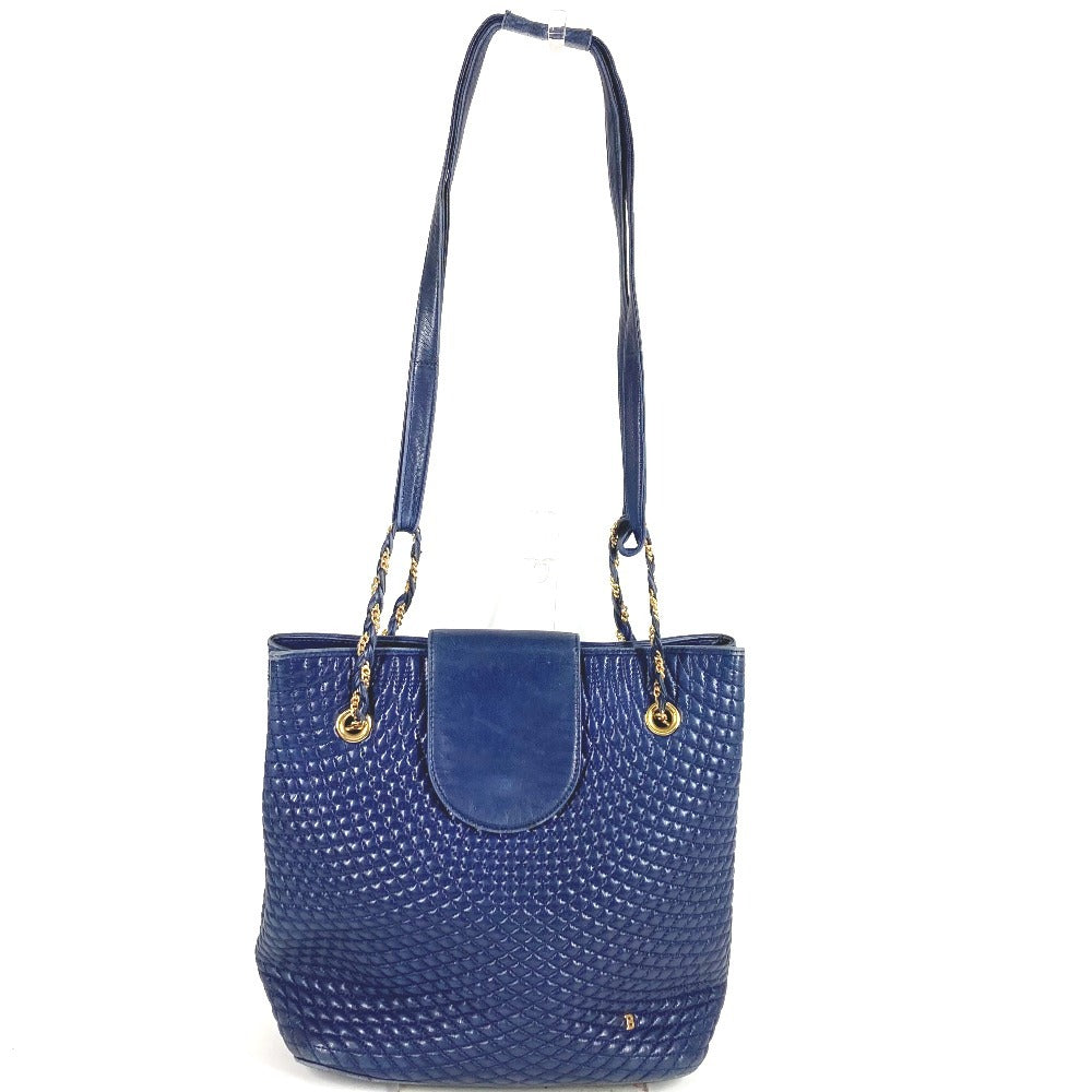 BALLY ヴィンテージ キルティング Bロゴ フリンジ タッセル Wチェーンバッグ カバン トートバッグ ショルダーバッグ レザー ユニセックス ブルー