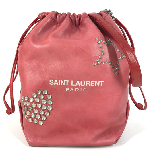 SAINT LAURENT PARIS 538448 Teddy Stud Logo Heart Star Bag, Crossbody Chain Bag, Drawstring Bag Shoulder Bag Leather Red Used