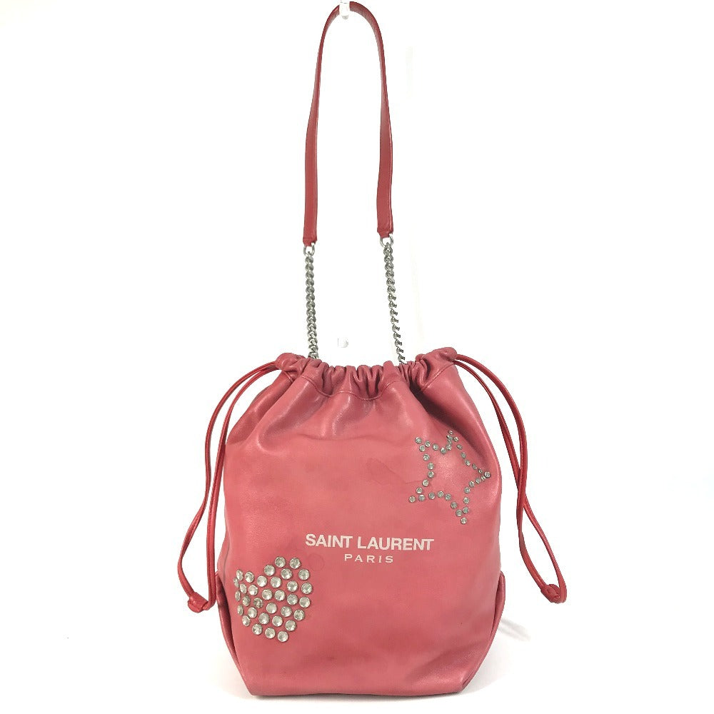 SAINT LAURENT PARIS 538448 Teddy Stud Logo Heart Star Bag, Crossbody Chain Bag, Drawstring Bag Shoulder Bag Leather Red Used