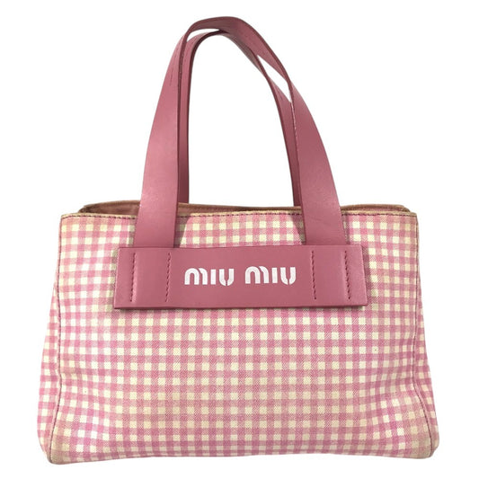 MIUMIU ロゴ Check Bag Tote Bag Hand Bag Leather/Canvas pink/White Used