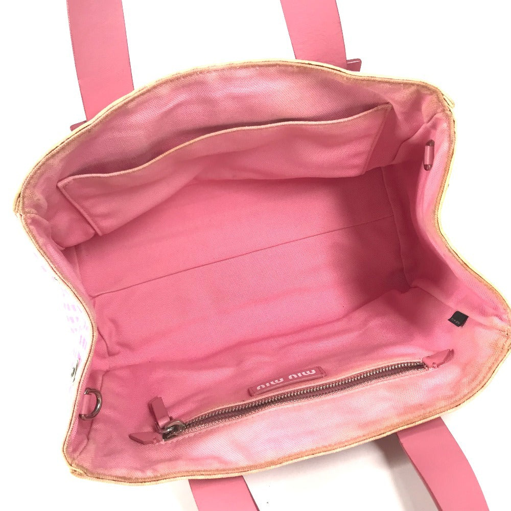 MIUMIU ロゴ Check Bag Tote Bag Hand Bag Leather/Canvas pink/White Used