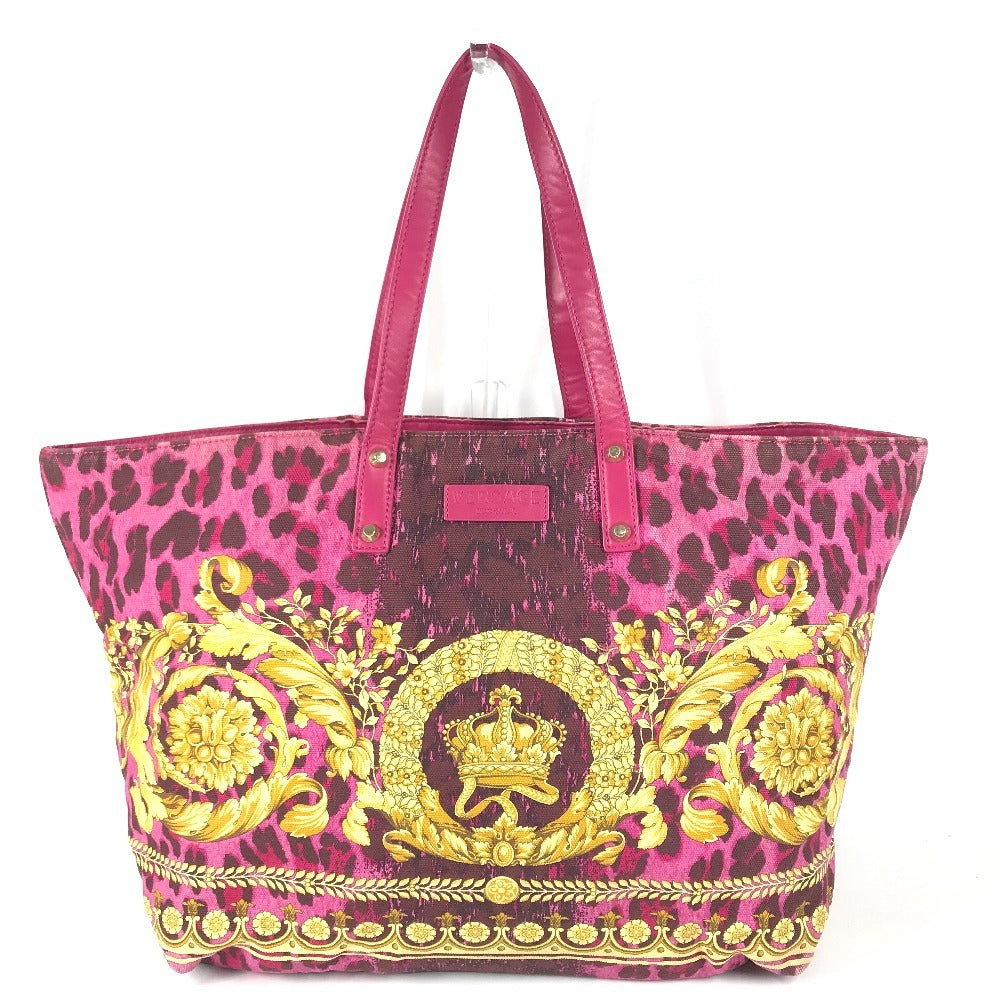 VERSACE Logo Bag Tote Bag shawl Shoulder Bag Leather/Canvas pink/Yellow Based Used