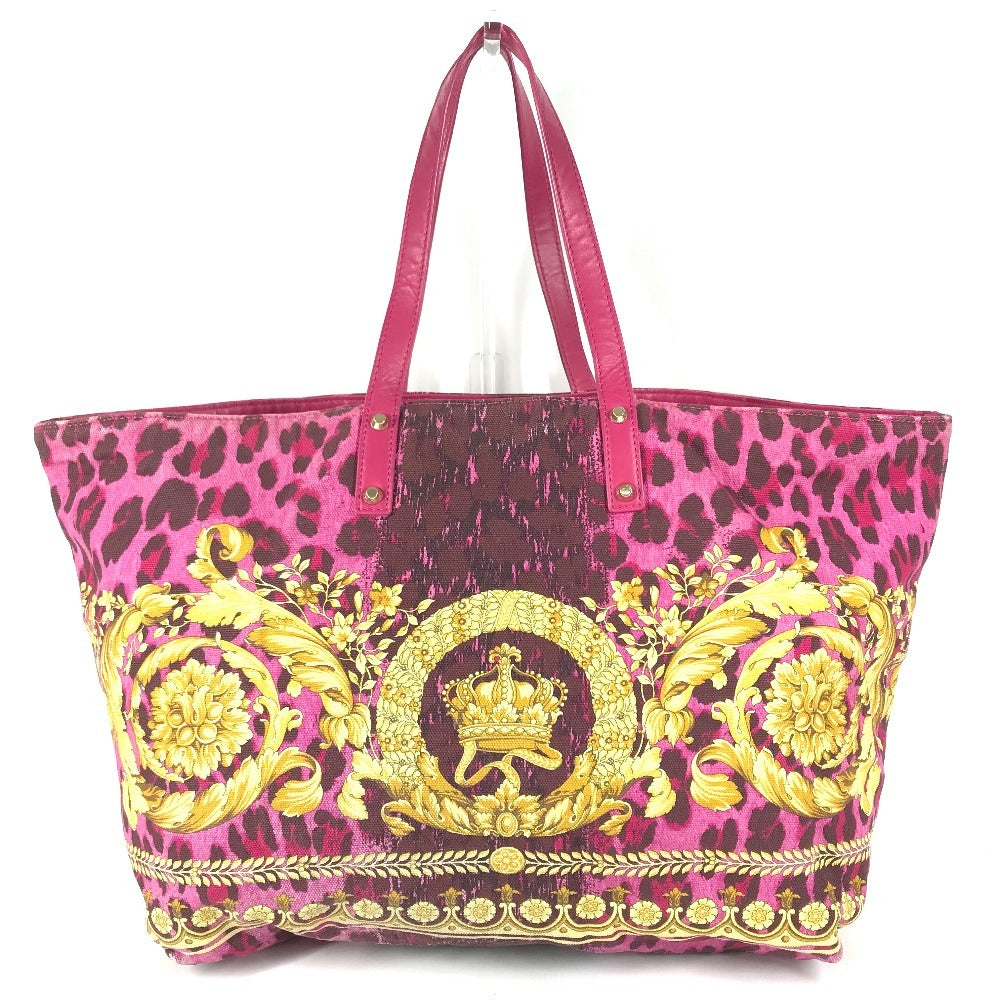 VERSACE Logo Bag Tote Bag shawl Shoulder Bag Leather/Canvas pink/Yellow Based Used