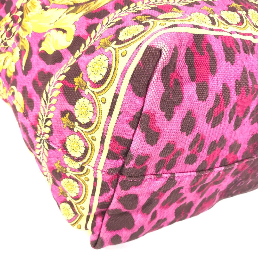 VERSACE Logo Bag Tote Bag shawl Shoulder Bag Leather/Canvas pink/Yellow Based Used