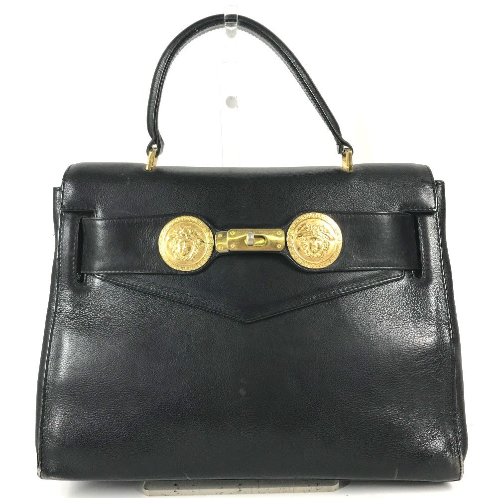 VERSACE vintage Logo Medusa Bag Flap Tote Bag Hand Bag Leather Black/Gold Used
