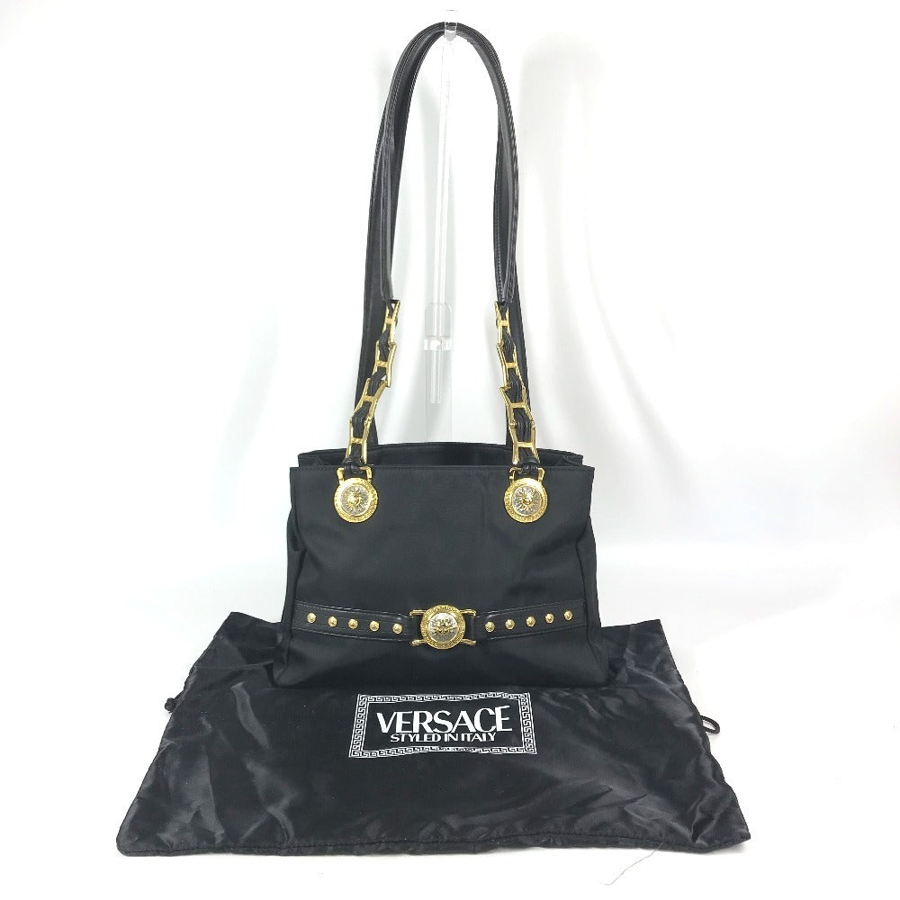 VERSACE vintage Logo Sunburst Chain Bag Shoulder Bag Tote Bag Double Chain Shoulder Bag Nylon / Leather Black/Gold Used