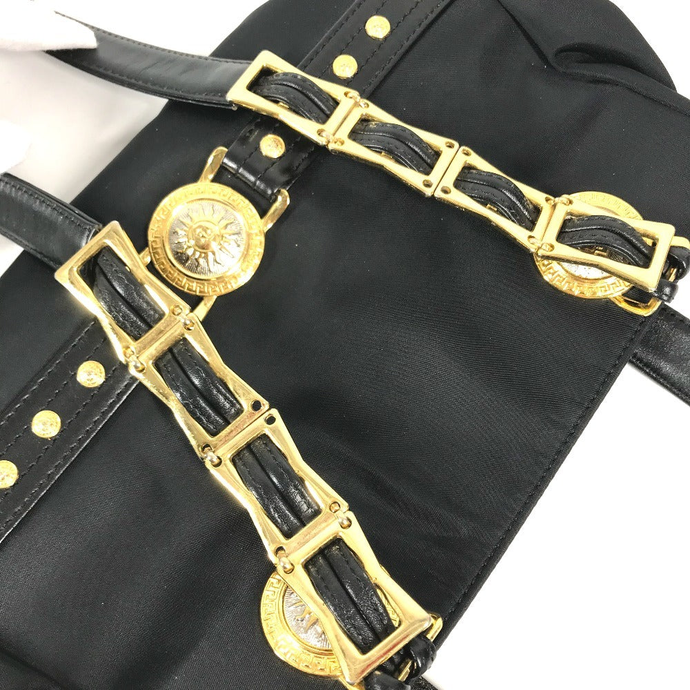 VERSACE vintage Logo Sunburst Chain Bag Shoulder Bag Tote Bag Double Chain Shoulder Bag Nylon / Leather Black/Gold Used