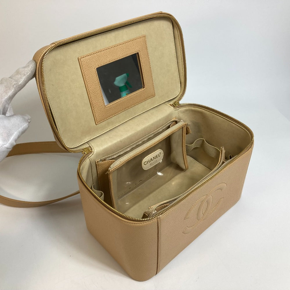 CHANEL CC ココマーク バニティバッグ カバン 2WAY ハンドバッグ 肩掛け 斜め掛け ショルダーバッグ キャビアスキン レディース ベージュ