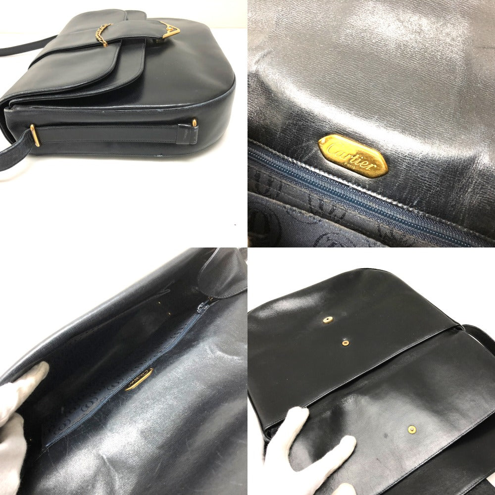 CARTIER サファイアライン フラップ カバン 斜め掛け ショルダーバッグ レザー レディース ダークネイビー