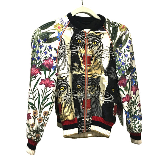 GUCCI 476247 タイガープリント ボンバージャケット 上着 アウター フローラル タグ有 ブルゾン シルク レディース マルチカラー ホワイト×マルチカラー