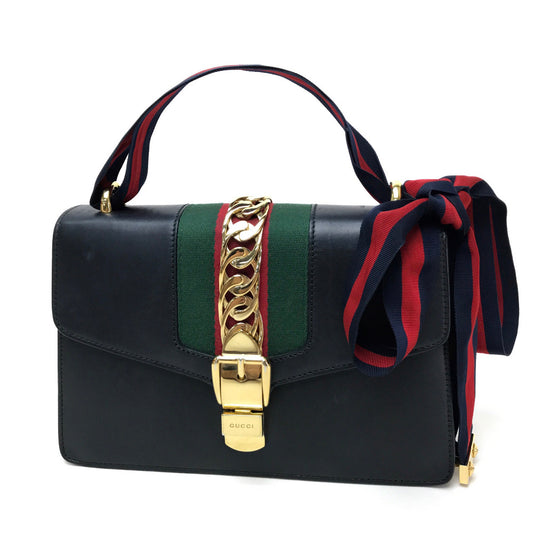 GUCCI 421882 シェリーライン シルヴィ スモール リボン カバン ショルダーバッグ レザー レディース ブラック